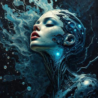 The primary subject of the image is a woman with a futuristic, cyberpunk appearance. She is surrounded by a blue, swirling, and misty background, which adds to the overall atmosphere of the scene. The visual style of the image is a combination of digital art and illustration, creating a unique and captivating representation of the woman. The colors and mood of the image are predominantly blue, which contributes to the futuristic and cyberpunk theme.
